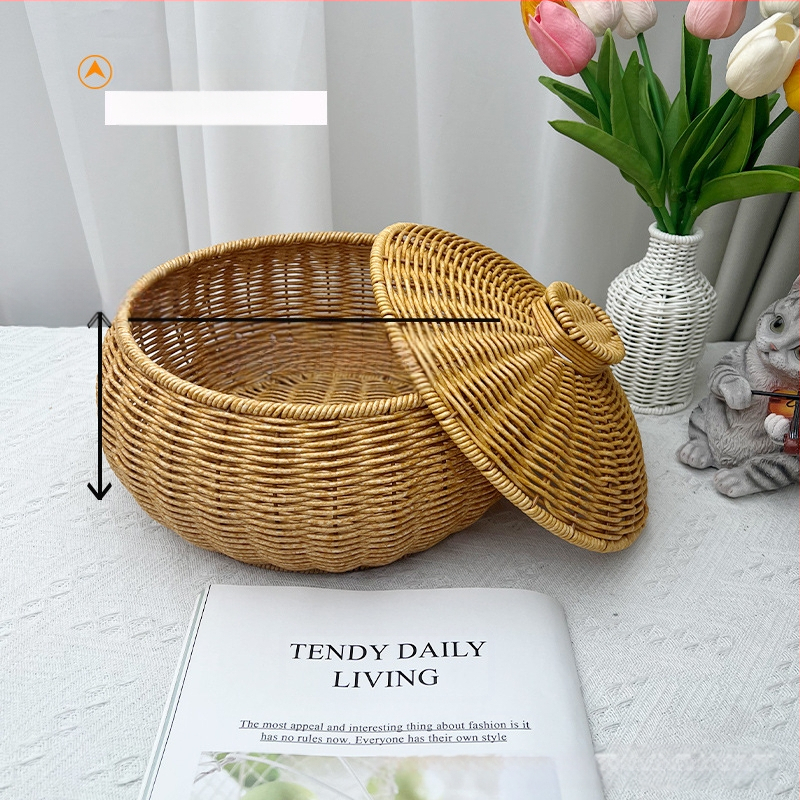 Gyümölcsös, kerek, rattanból készült uzsonnáskosár, fedéllel, tárolókosár, ékszer- és kozmetikai játéktároló doboz, rattanból készült, kék