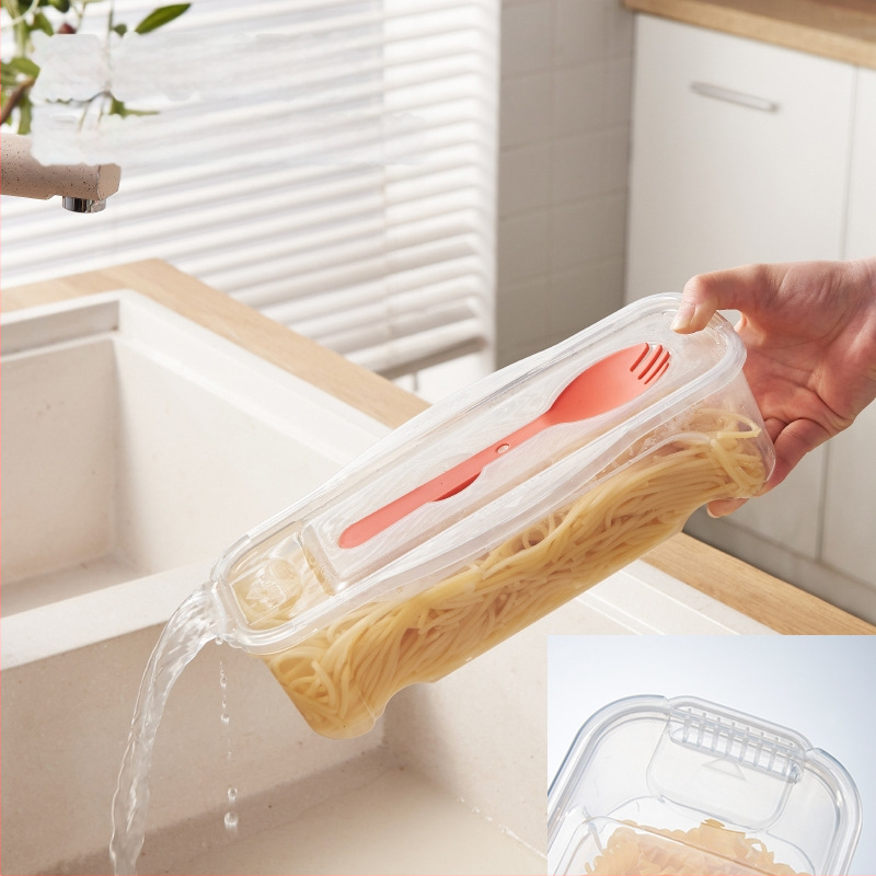 1300 ml maisto laikymo dėžutė su šakute ir šaukštu, šaldytuvo išleidimo makaronų dėžutė su dangčiu, mikrobangų krosnelėje šildoma makaronų maišymo dėžutė