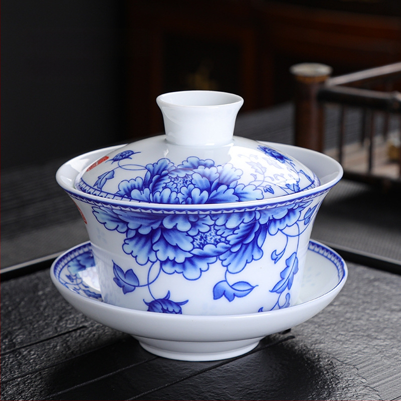 Didelio baltumo porceliano padidinimo 300 ml mėlynai baltas dubenėlis su dangteliu arbatai Didelis dubenėlis Yuan mėlynai baltas Sancai dubenėlis Trijų baterijų aštuonių lobių arbatai skirti dubenėliai