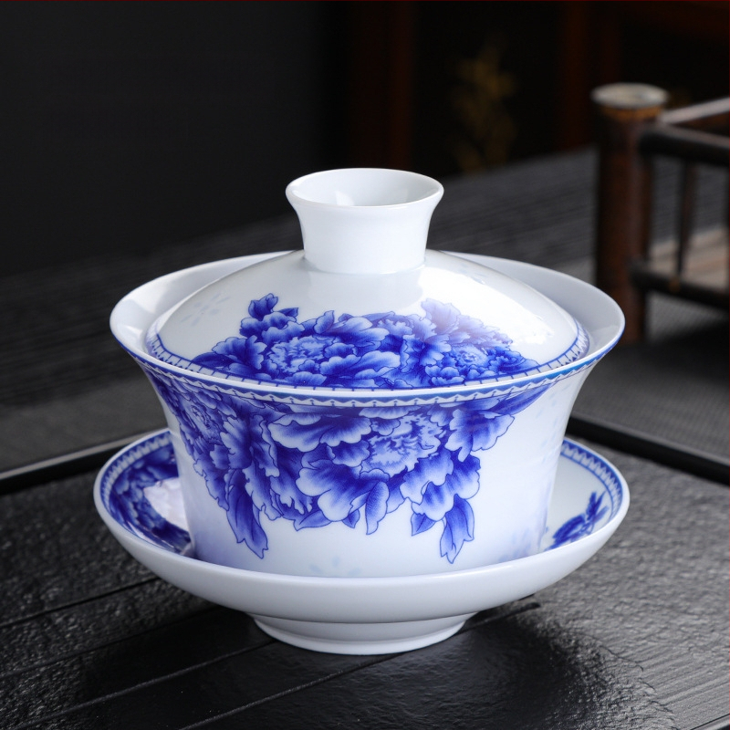 Didelio baltumo porceliano padidinimo 300 ml mėlynai baltas dubenėlis su dangteliu arbatai Didelis dubenėlis Yuan mėlynai baltas Sancai dubenėlis Trijų baterijų aštuonių lobių arbatai skirti dubenėliai