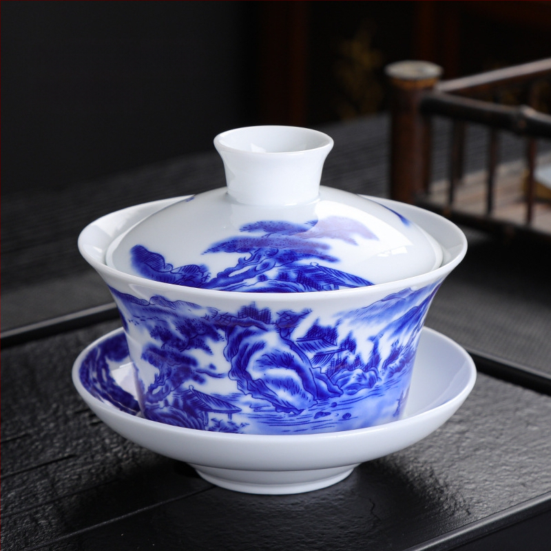 Didelio baltumo porceliano padidinimo 300 ml mėlynai baltas dubenėlis su dangteliu arbatai Didelis dubenėlis Yuan mėlynai baltas Sancai dubenėlis Trijų baterijų aštuonių lobių arbatai skirti dubenėliai