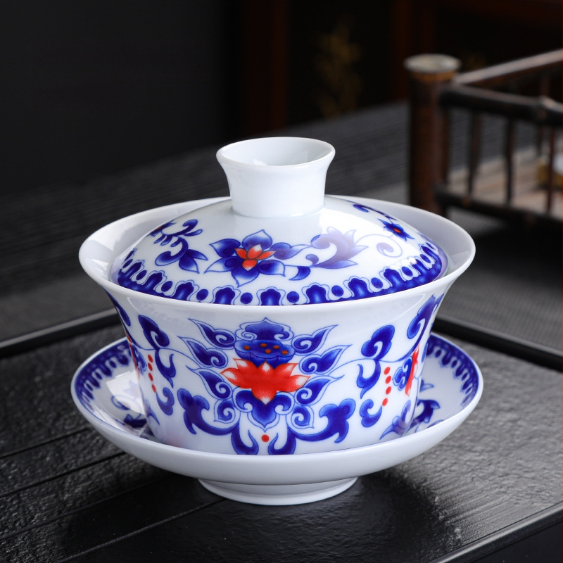 Didelio baltumo porceliano padidinimo 300 ml mėlynai baltas dubenėlis su dangteliu arbatai Didelis dubenėlis Yuan mėlynai baltas Sancai dubenėlis Trijų baterijų aštuonių lobių arbatai skirti dubenėliai