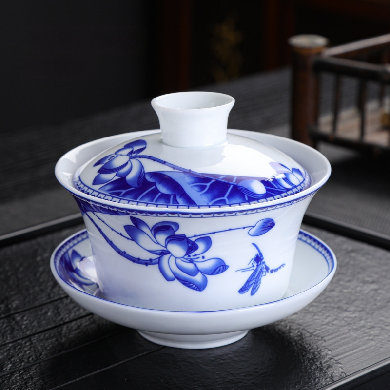 Didelio baltumo porceliano padidinimo 300 ml mėlynai baltas dubenėlis su dangteliu arbatai Didelis dubenėlis Yuan mėlynai baltas Sancai dubenėlis Trijų baterijų aštuonių lobių arbatai skirti dubenėliai