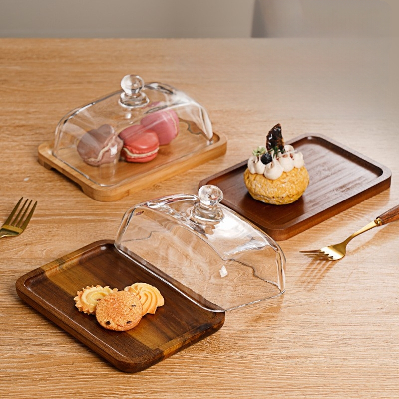 Piiriülene kuummüügisuupiste-magustoidukoogi magustoidutaldrik ristkülikukujuline akaatsiapuust võitaldrik klaasist kaanega juustuvõitaldrik