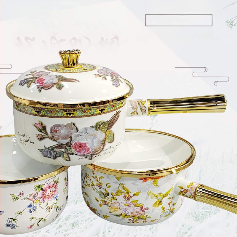 Emalinis puodas Emalinis emalinis pieno puodas Vienos rankenos pieno puodas Sriubos puodas Sutirštintas kūdikių maisto papildas su dangčiu Internetas Populiarus ypač storas