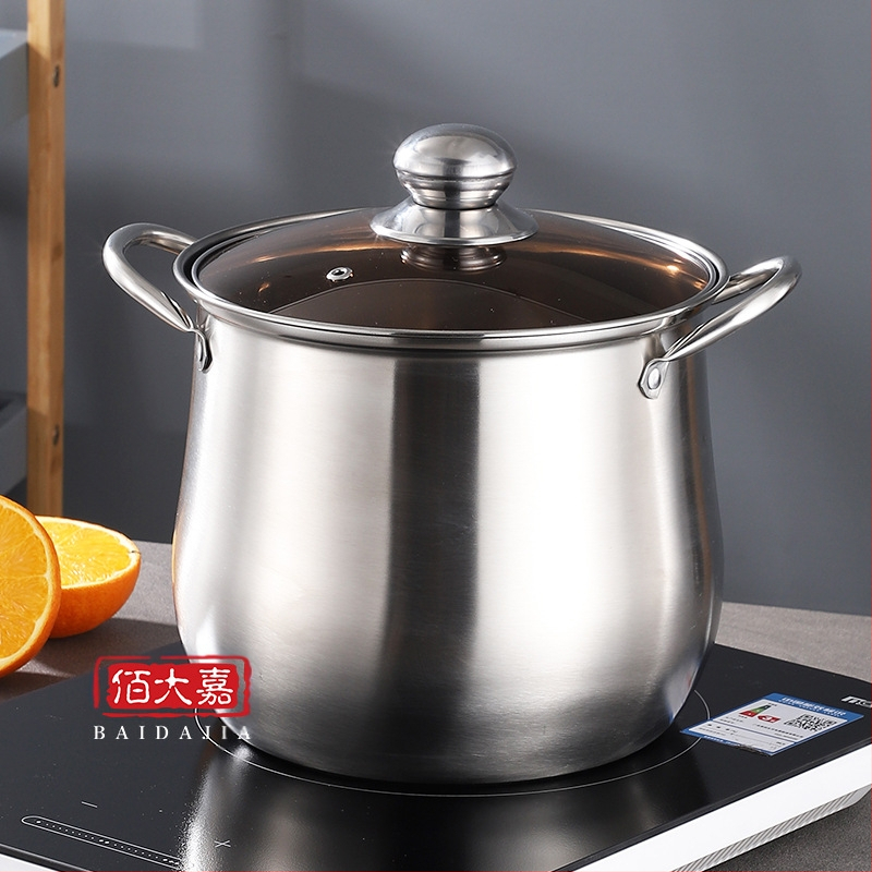 Gyári közvetlen beszerzésű rozsdamentes acél levesesfazék, ív alakú, nagy kapacitású, 22 cm magas levesesfazék, üzleti ajándék, lóbanda ajándék levesesfazék