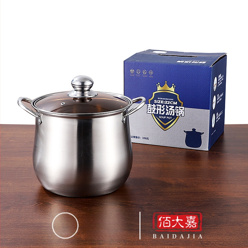 Gyári közvetlen beszerzésű rozsdamentes acél levesesfazék, ív alakú, nagy kapacitású, 22 cm magas levesesfazék, üzleti ajándék, lóbanda ajándék levesesfazék