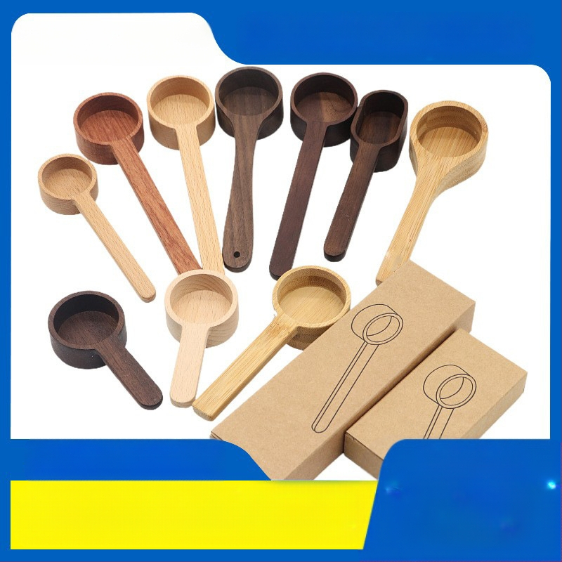 Medinis juodojo riešuto matavimo šaukštas, medžio masyvo trumpa rankena, kavos šaukštelis iš buko, kiekybinis vaisių miltelių šaukštelis, prieskonių šaukštelis, didmeninė prekyba