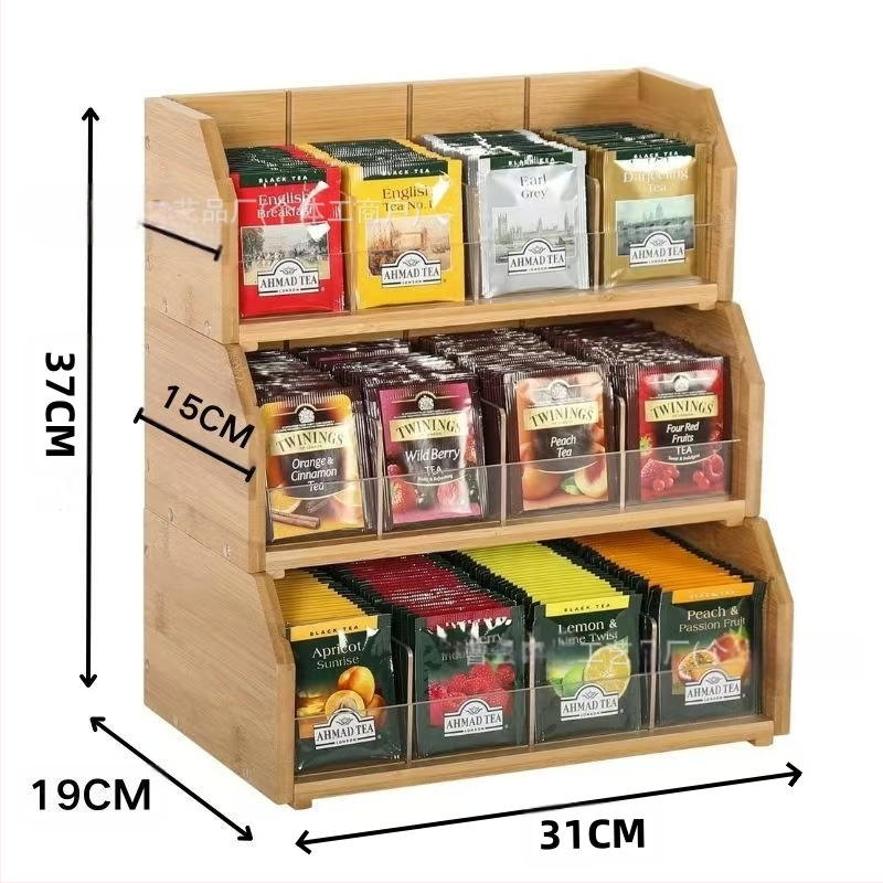 Cutie de depozitare pentru pliculețe de ceai din bambus, cu trei straturi, pentru pliculețe de cafea, raft pentru depozitarea cafelei, stație de cafea, cameră de ceai, capsule de cafea, cutie de depozitare