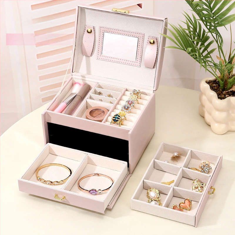 Határon átnyúló ingyenes szállítás háromrétegű bőr ékszerdoboz dupla fiókos ékszer fülbevaló nyaklánc ékszer egyszerű skandináv stílusú vastagító