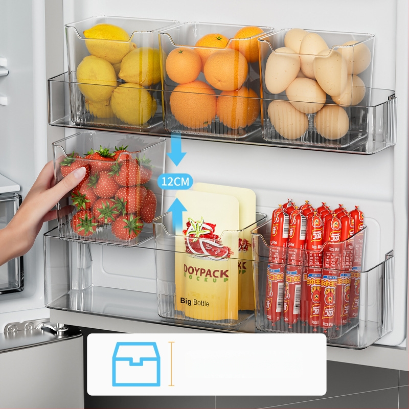 Kerge luksuslik läbipaistev külmiku küljeukse säilituskast köögiviljade ja puuviljade toiduainete klassifitseerimise hoiukast suure mahutavusega külmiku hoiukast