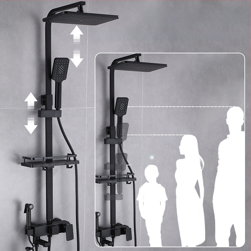 Juodas termostatinis dušo komplektas, visas varinis, karšto ir šalto vandens maišymo vožtuvas, vonios kambario stiprintuvo dušas, vonios kambario tarpvalstybinė didmeninė prekyba