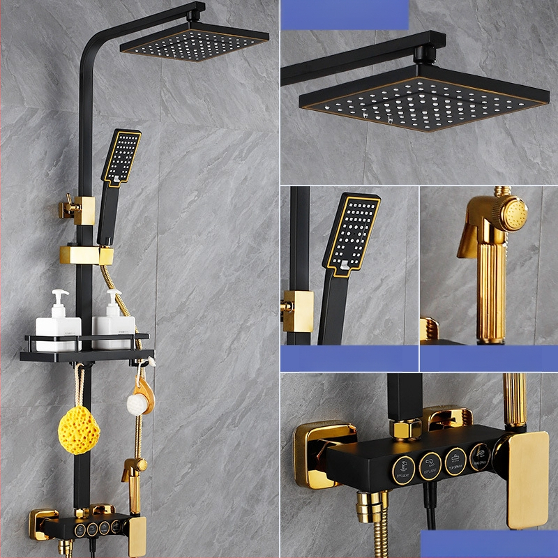 Juodas termostatinis dušo komplektas, visas varinis, karšto ir šalto vandens maišymo vožtuvas, vonios kambario stiprintuvo dušas, vonios kambario tarpvalstybinė didmeninė prekyba
