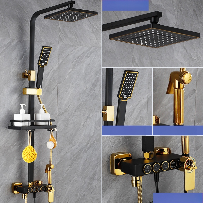 Juodas termostatinis dušo komplektas, visas varinis, karšto ir šalto vandens maišymo vožtuvas, vonios kambario stiprintuvo dušas, vonios kambario tarpvalstybinė didmeninė prekyba
