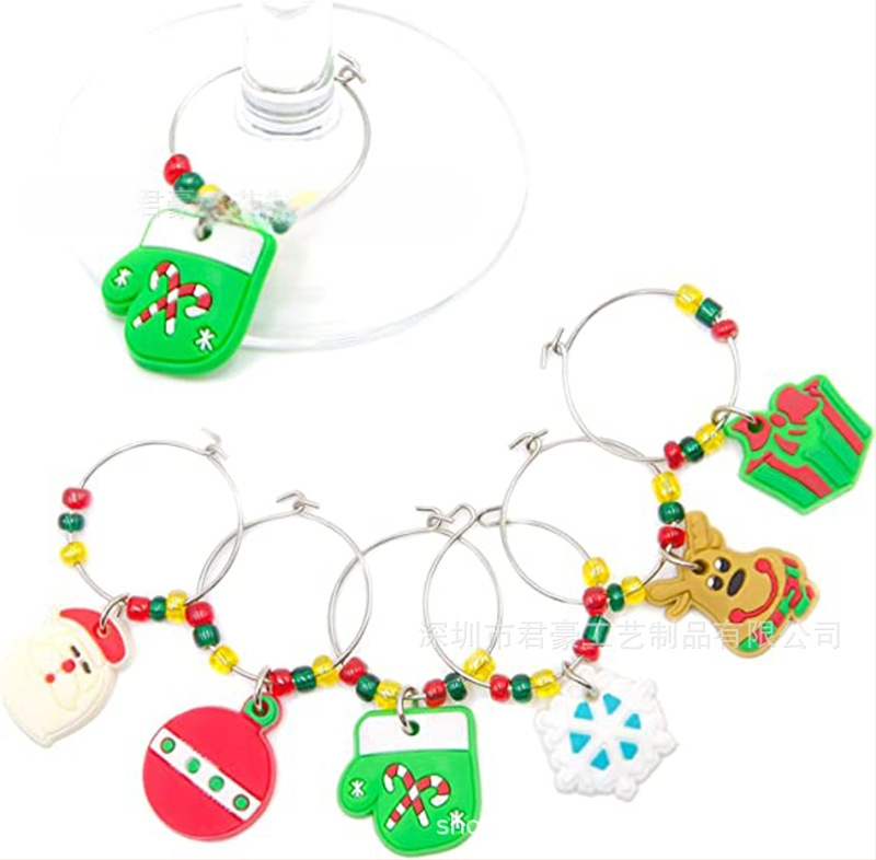 Gamintojo paruoštas kalėdinis vyno taurės žiedas su PVC minkštais klijais, vyno taurės žiedų rinkinys, kalėdinis vyno taurės identifikatorius, vakarėlio dekoravimas