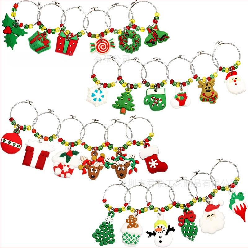 Gamintojo paruoštas kalėdinis vyno taurės žiedas su PVC minkštais klijais, vyno taurės žiedų rinkinys, kalėdinis vyno taurės identifikatorius, vakarėlio dekoravimas