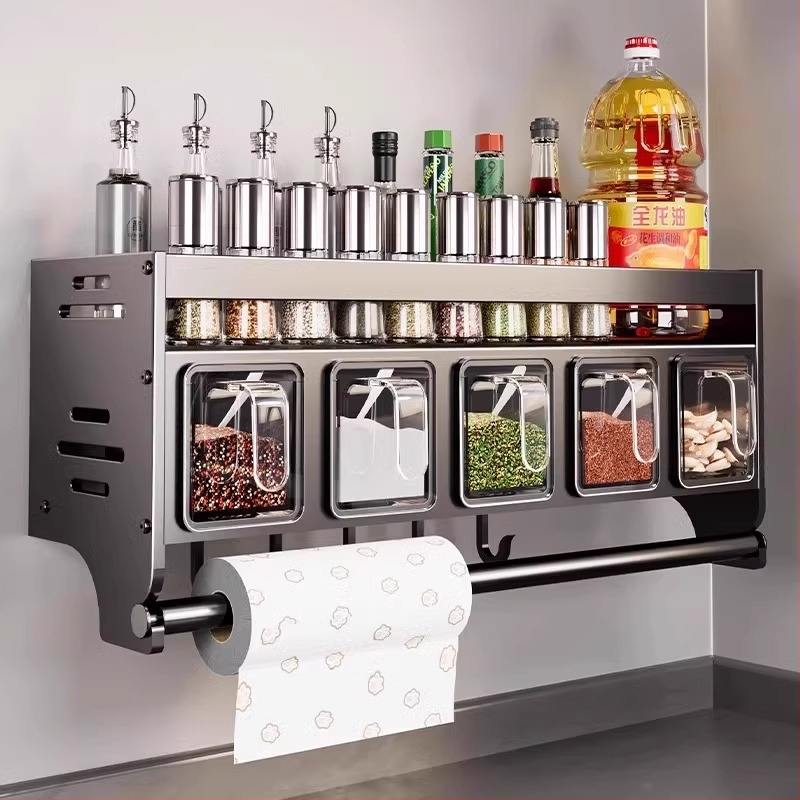 Cutie de condimente pentru bucătărie, raft de depozitare, neperforat, montat pe perete, multifuncțional, borcan de condimente, sticlă, combinație de condimente, raft de depozitare