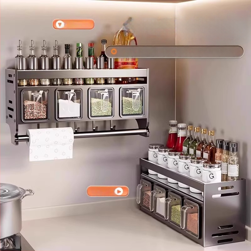Cutie de condimente pentru bucătărie, raft de depozitare, neperforat, montat pe perete, multifuncțional, borcan de condimente, sticlă, combinație de condimente, raft de depozitare