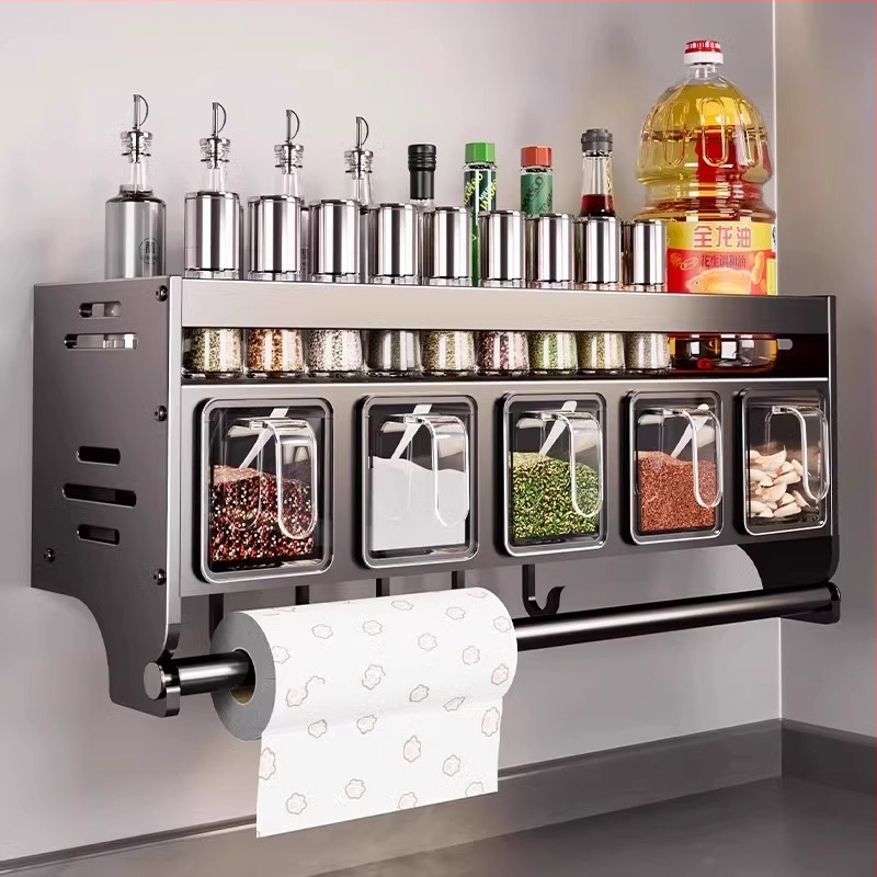 Cutie de condimente pentru bucătărie, raft de depozitare, neperforat, montat pe perete, multifuncțional, borcan de condimente, sticlă, combinație de condimente, raft de depozitare