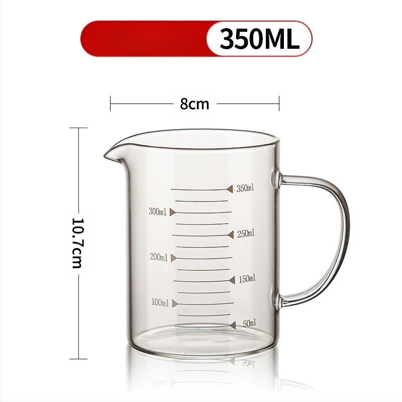 Matavimo puodelis iš didelio borosilikatinio stiklo, su pastorinta rankena, permatomas graduotas puodelis, tinkamas naudoti mikrobangų krosnelėje, paprasto dizaino, didelė pieno talpa, atsparus aukštai temperatūrai