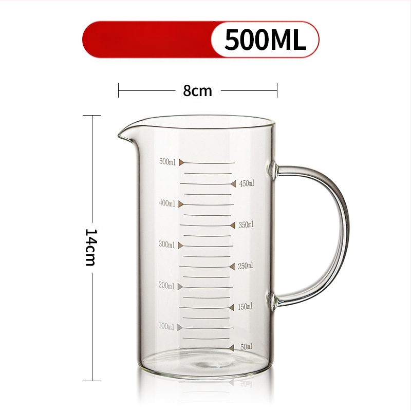 Matavimo puodelis iš didelio borosilikatinio stiklo, su pastorinta rankena, permatomas graduotas puodelis, tinkamas naudoti mikrobangų krosnelėje, paprasto dizaino, didelė pieno talpa, atsparus aukštai temperatūrai