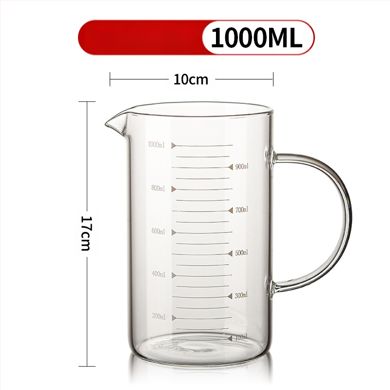 Matavimo puodelis iš didelio borosilikatinio stiklo, su pastorinta rankena, permatomas graduotas puodelis, tinkamas naudoti mikrobangų krosnelėje, paprasto dizaino, didelė pieno talpa, atsparus aukštai temperatūrai