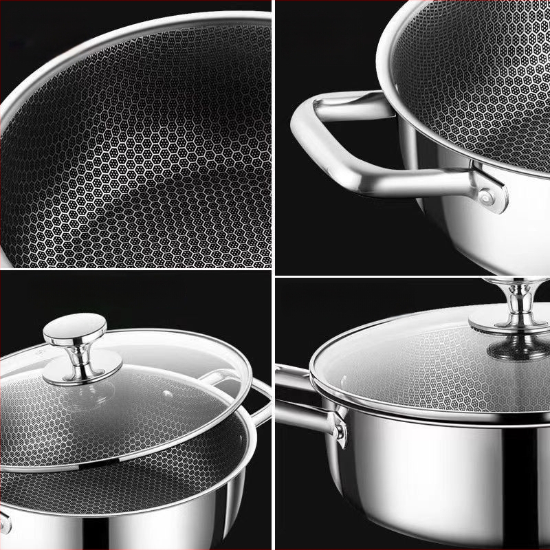 Méhsejt bevonat nélküli tapadásmentes edény rozsdamentes acél levesesfőző nagy kapacitású kétrétegű gőzölő háztartási indukciós főzőlap univerzális forró edény