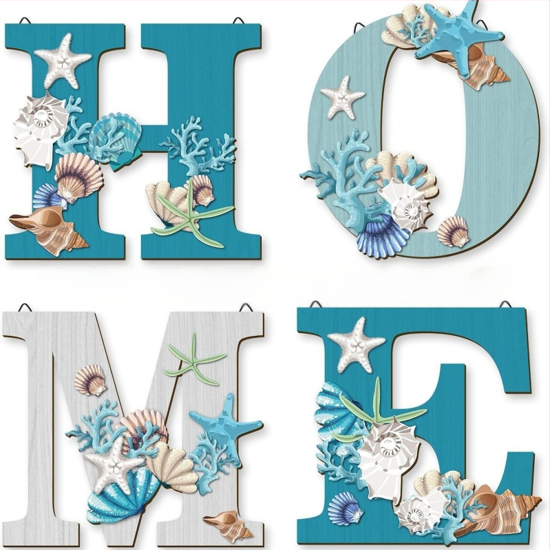 Nauja medinė namų dekoracija HOME, meno sienų dekoras, paplūdimio tematikos namų dekoro logotipas