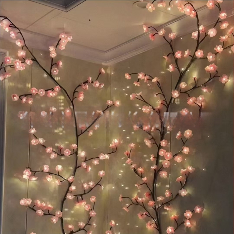 Naujas kryžminis LED šakos šviestuvas su rotango šviestuvu, vyšnių žiedų efektu, dekoratyvinis stereo šviestuvas interjerui, išlenkiamas aplinkos šviestuvas