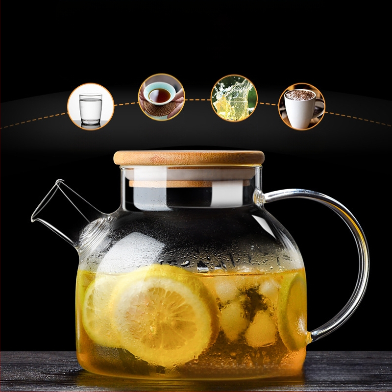 Aukštos spalvos stiklinis virdulys su rankena, atsparus aukštai temperatūrai, verdantis arbatinukas, komercinis tiesus virdulys, šaltas virdulys, šaltas virdulys, stiklinis virdulys