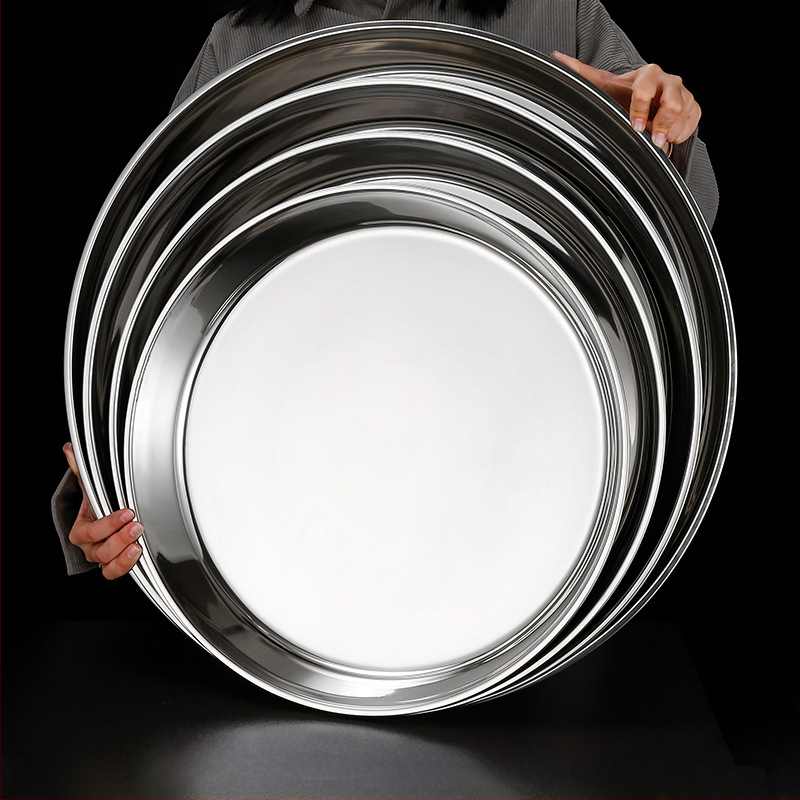 Īpaši bieza 304 nerūsējošā tērauda apaļa kūkas šķīvja, aukstās ādas Gong Gong komerciāla liela plakana šķīvja, dziļa šķīvja paplāte, dārzeņu šķīvis, tvaicēta kūkas šķīvis