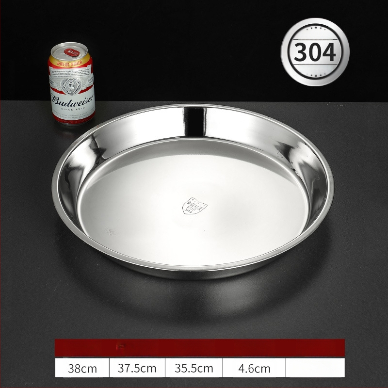Īpaši bieza 304 nerūsējošā tērauda apaļa kūkas šķīvja, aukstās ādas Gong Gong komerciāla liela plakana šķīvja, dziļa šķīvja paplāte, dārzeņu šķīvis, tvaicēta kūkas šķīvis