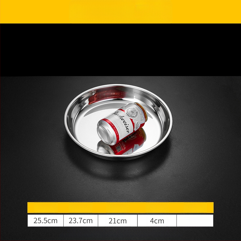 Īpaši bieza 304 nerūsējošā tērauda apaļa kūkas šķīvja, aukstās ādas Gong Gong komerciāla liela plakana šķīvja, dziļa šķīvja paplāte, dārzeņu šķīvis, tvaicēta kūkas šķīvis