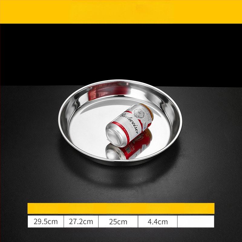 Īpaši bieza 304 nerūsējošā tērauda apaļa kūkas šķīvja, aukstās ādas Gong Gong komerciāla liela plakana šķīvja, dziļa šķīvja paplāte, dārzeņu šķīvis, tvaicēta kūkas šķīvis