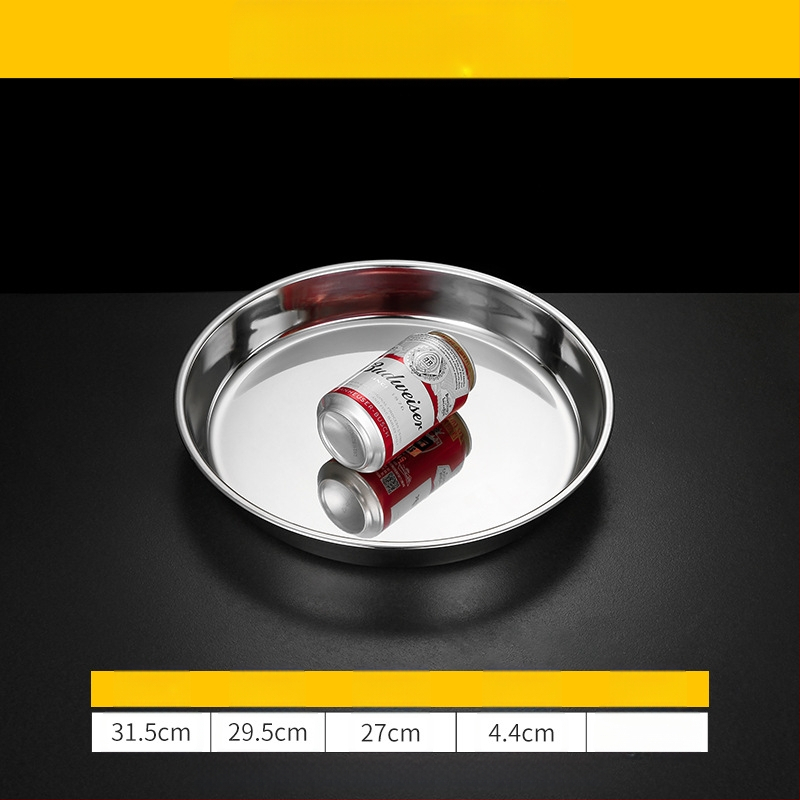 Īpaši bieza 304 nerūsējošā tērauda apaļa kūkas šķīvja, aukstās ādas Gong Gong komerciāla liela plakana šķīvja, dziļa šķīvja paplāte, dārzeņu šķīvis, tvaicēta kūkas šķīvis