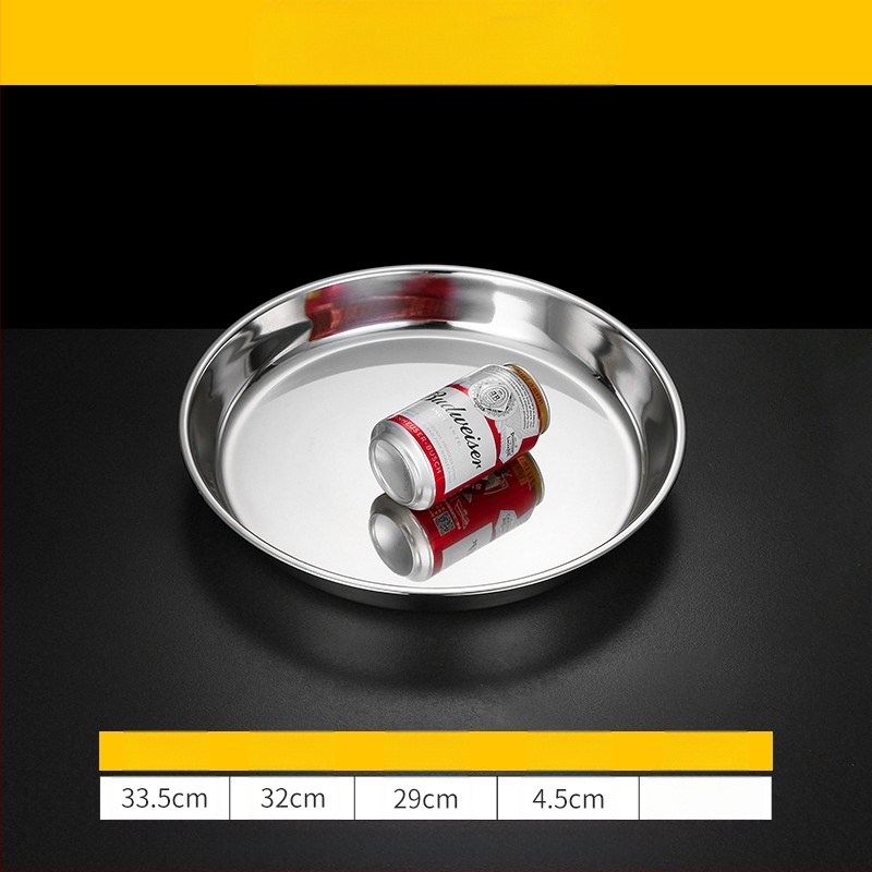 Īpaši bieza 304 nerūsējošā tērauda apaļa kūkas šķīvja, aukstās ādas Gong Gong komerciāla liela plakana šķīvja, dziļa šķīvja paplāte, dārzeņu šķīvis, tvaicēta kūkas šķīvis