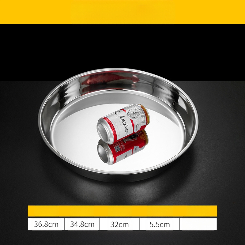 Īpaši bieza 304 nerūsējošā tērauda apaļa kūkas šķīvja, aukstās ādas Gong Gong komerciāla liela plakana šķīvja, dziļa šķīvja paplāte, dārzeņu šķīvis, tvaicēta kūkas šķīvis