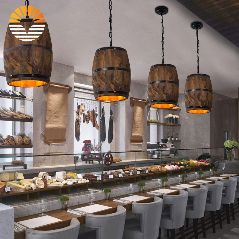 Ameerika maamaja retro puidust ämbriga rippvalgusti veinitünni teemaline restoran kohvik baar interneti kohvik baar täispuidust käsitöö dekoratiivvalgustus