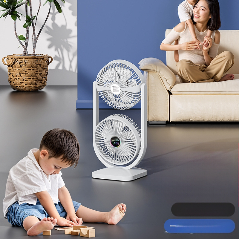 2025 Új japán és koreai kétfejű, kétrétegű ventilátor Csendes asztali, nagy széláramlású légkeringető ventilátor USB újratölthető asztali