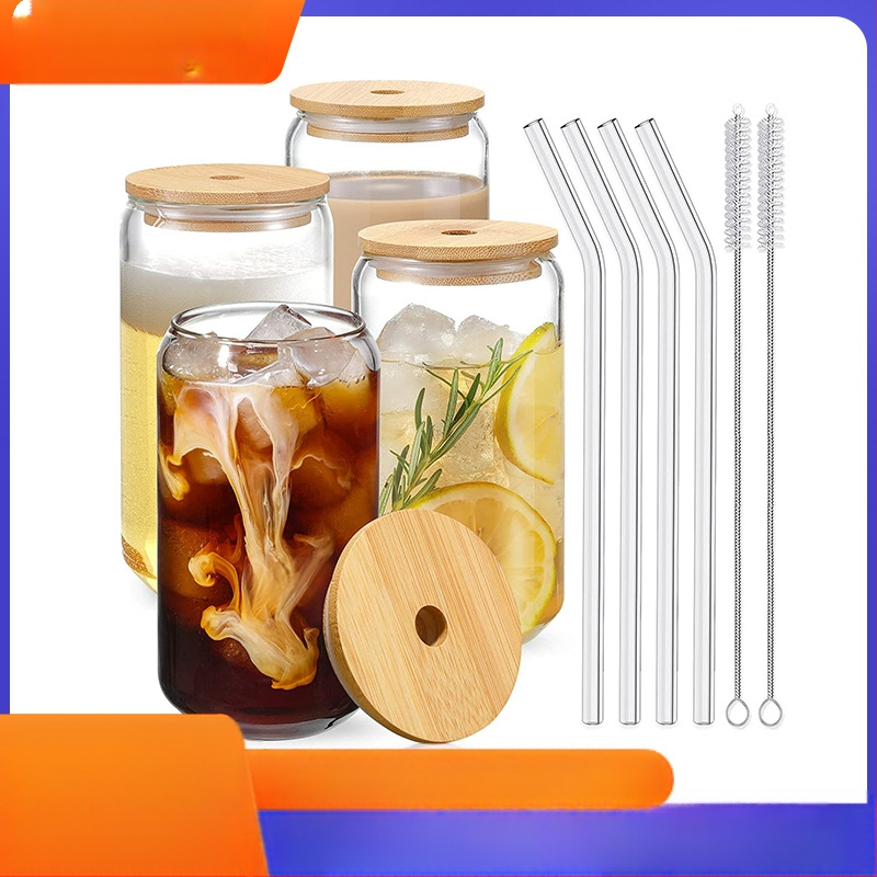 Tarpvalstybinis karšto pardavimo aukštos borosilikatinio stiklo sulčių kavos pieno šiaudelių masono indelis su dangteliu, 16oz kolos puodelio rinkinys