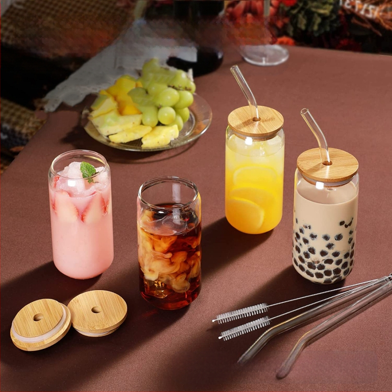Tarpvalstybinis karšto pardavimo aukštos borosilikatinio stiklo sulčių kavos pieno šiaudelių masono indelis su dangteliu, 16oz kolos puodelio rinkinys