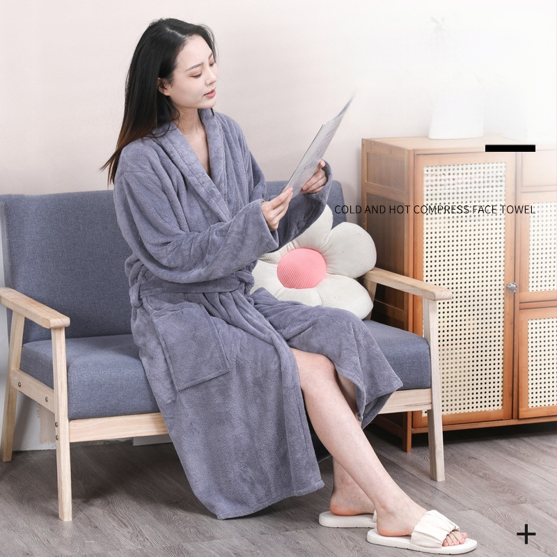 Koralinio aksomo poros chalatas vyrams ir moterims, nešiojamas suvarstomas ilgomis rankovėmis pižama, sustorintas vandenį sugeriantis, greitai džiūstantis maudymosi namų drabužis