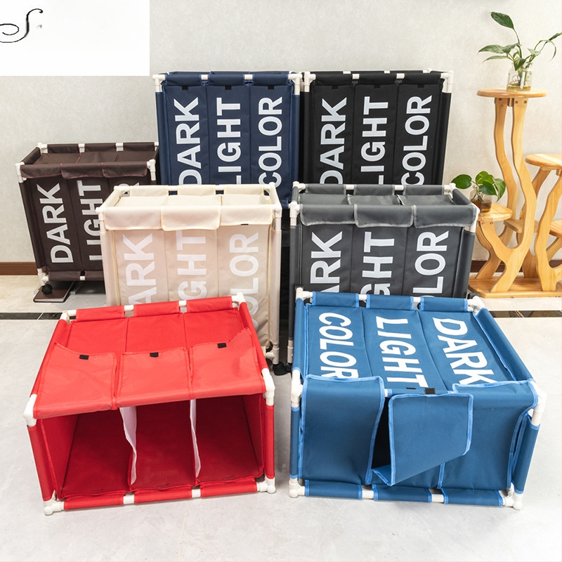 Vabaaja ja stiilne kolme sektsiooniga pesukorv rihmaratastega majapidamise Oxfordi riidest määrdunud pesukorv niiskuskindel kokkupandav määrdunud pesukorv