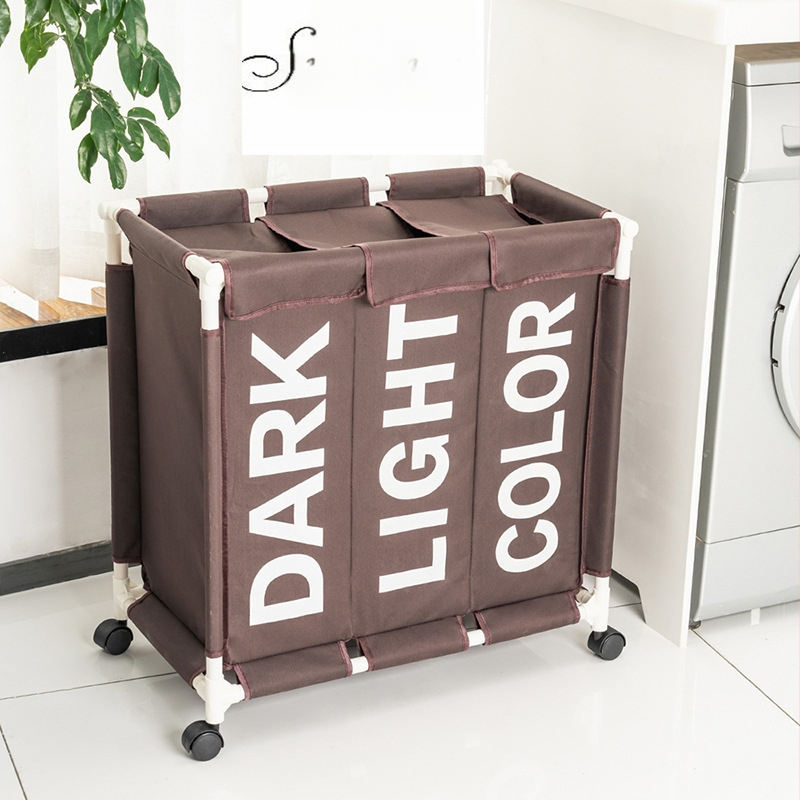 Vabaaja ja stiilne kolme sektsiooniga pesukorv rihmaratastega majapidamise Oxfordi riidest määrdunud pesukorv niiskuskindel kokkupandav määrdunud pesukorv