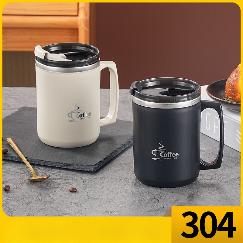 304 nerūdijančio plieno kavos puodelis bendrabučio tipo, atsparus karščiui, pieno puodelis porai, biuro darbuotojui, vandens puodelis su dangteliu