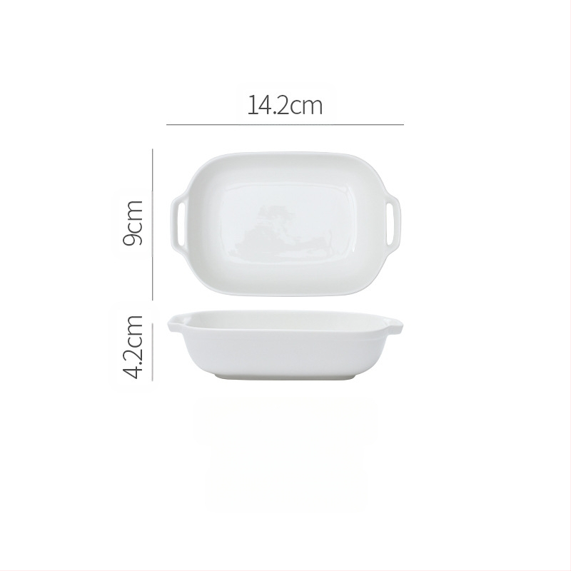 Vabaaja puhasvalge keraamiline ristkülikukujuline kahe kõrvaga küpsetuspann juustuga küpsetatud riisikauss kõrge temperatuurikindel majapidamisküpsetuskauss suupistekauss aurutatud kalataldrik