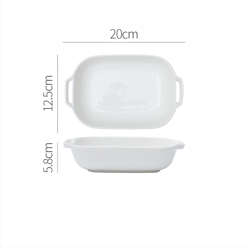 Vabaaja puhasvalge keraamiline ristkülikukujuline kahe kõrvaga küpsetuspann juustuga küpsetatud riisikauss kõrge temperatuurikindel majapidamisküpsetuskauss suupistekauss aurutatud kalataldrik