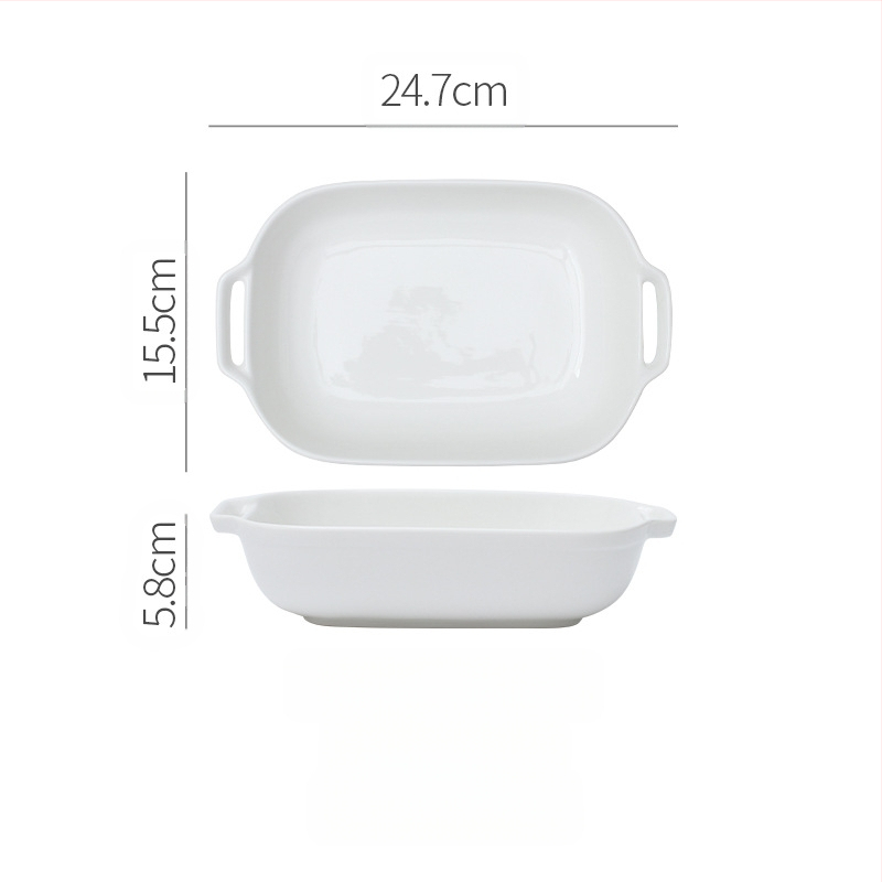 Vabaaja puhasvalge keraamiline ristkülikukujuline kahe kõrvaga küpsetuspann juustuga küpsetatud riisikauss kõrge temperatuurikindel majapidamisküpsetuskauss suupistekauss aurutatud kalataldrik