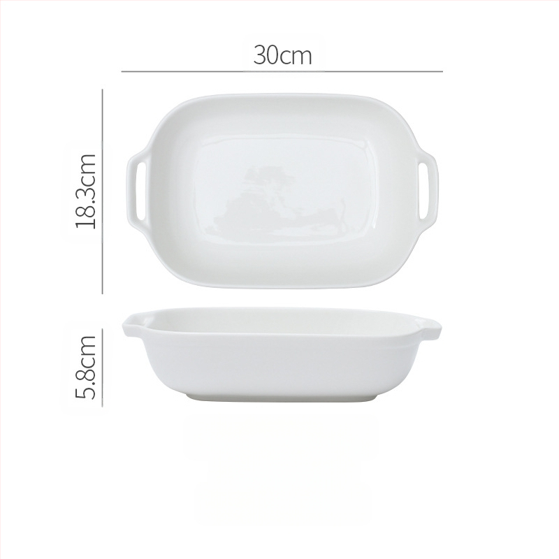 Vabaaja puhasvalge keraamiline ristkülikukujuline kahe kõrvaga küpsetuspann juustuga küpsetatud riisikauss kõrge temperatuurikindel majapidamisküpsetuskauss suupistekauss aurutatud kalataldrik