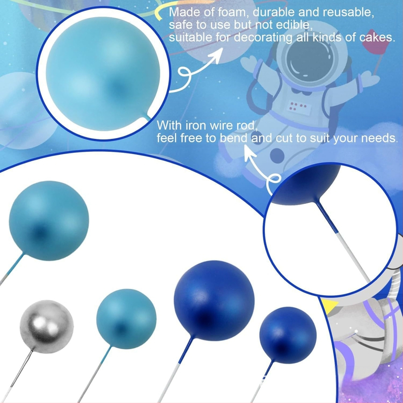 115 dalių mėlyno sidabro burbulinis rutulys torto dekoracija keksiuko viršaus ornamentas astronauto tema gimtadienio vestuvių vakarėlis